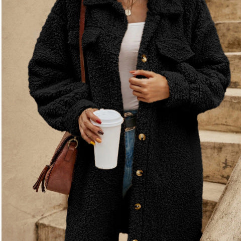 Lang damefrakke – Oversized pasform – Blød imiteret uld – Klassisk knaplukning