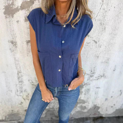 Ærmeløs dametop – Afslappet pasform – Knappet – Åndbare naturfibre