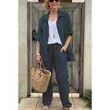 Damesæt med skjorte og bukser – Åndbart hør – Afslappet pasform – Elastik i taljen