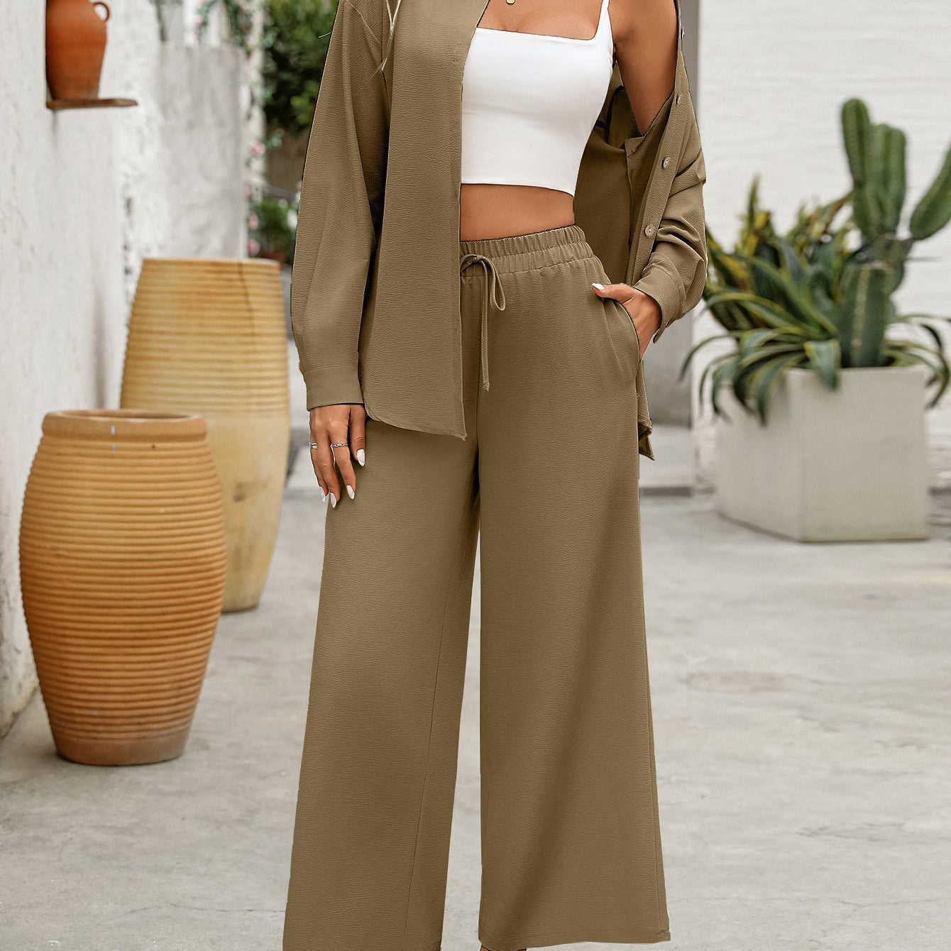 Damesæt i to dele – afslappet tunika og bukser med vide ben – åndbart stof