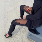 Damebukser - Strækstof - Slim Fit - Blomsterblondeindsatser - Høj talje