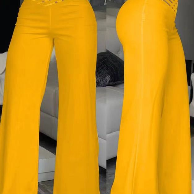 Højtaljede damebukser – Vide, flagrende ben – Dekorativt bælte – Letvægtsstof