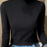 Dametop - Stretchjersey - Slim Fit - Lange ærmer - Asymmetrisk høj hals