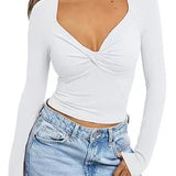 Dametop – V-hals – Slim fit – Lange ærmer – Kort med twistdetalje