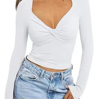 Dametop – V-hals – Slim fit – Lange ærmer – Kort med twistdetalje