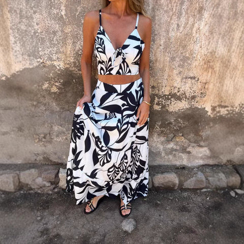 Damesæt – Crop-top med bindebånd – Flagrende maxinederdel – Åndbart stof