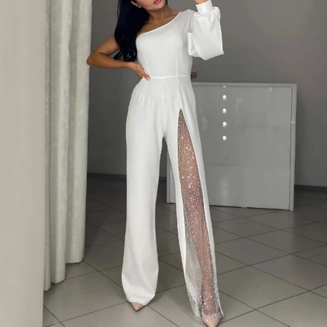 Damejumpsuit – Slim Fit – Énærmet – Pailletpanel – Elegant Lang