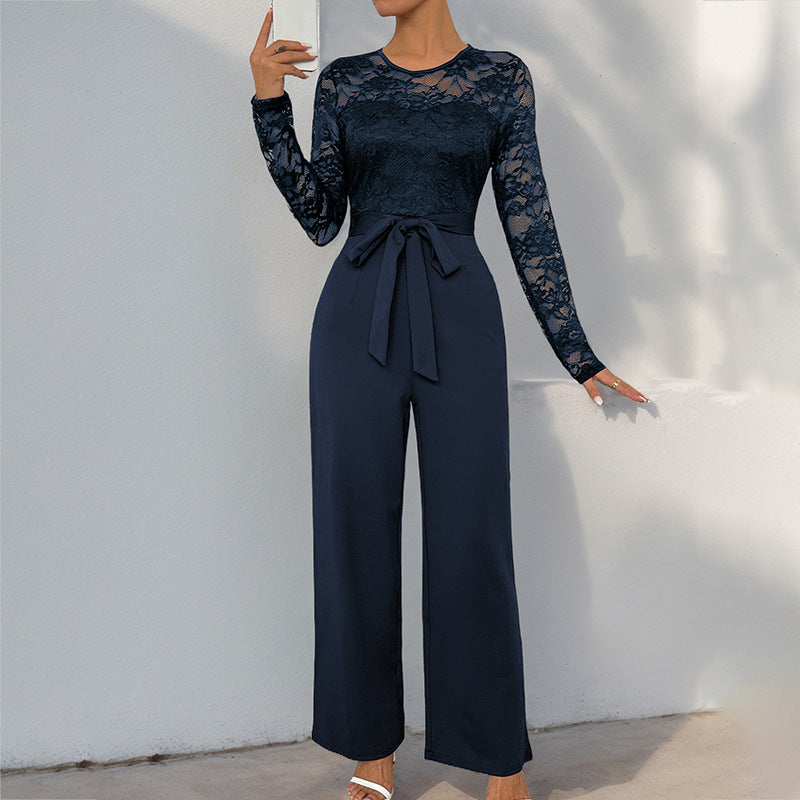 Damejumpsuit – Elegant blonde – Lange ærmer – Vide ben – Justerbart bælte