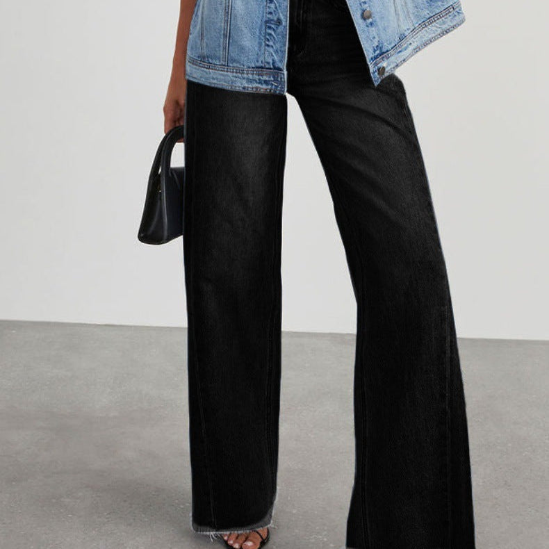 Damejeans med vide ben – Høj talje – Løs pasform – Flosset kant – Gulvlængde