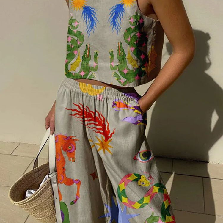 Ærmeløs crop top til kvinder – Afslappet pasform – Markante printmønstre – Naturfibre