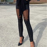 Damebukser - Strækstof - Slim Fit - Blomsterblondeindsatser - Høj talje