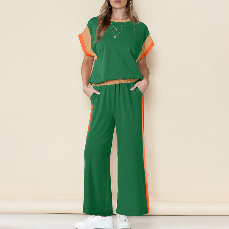 Damesæt – Let stof – Top med 3/4 ærmer – Bukser med 7/8-ærmer – Kontrastdetaljer