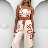 Sæt med ribbet tanktop og vide ben til damer – blomsterprint – let stof