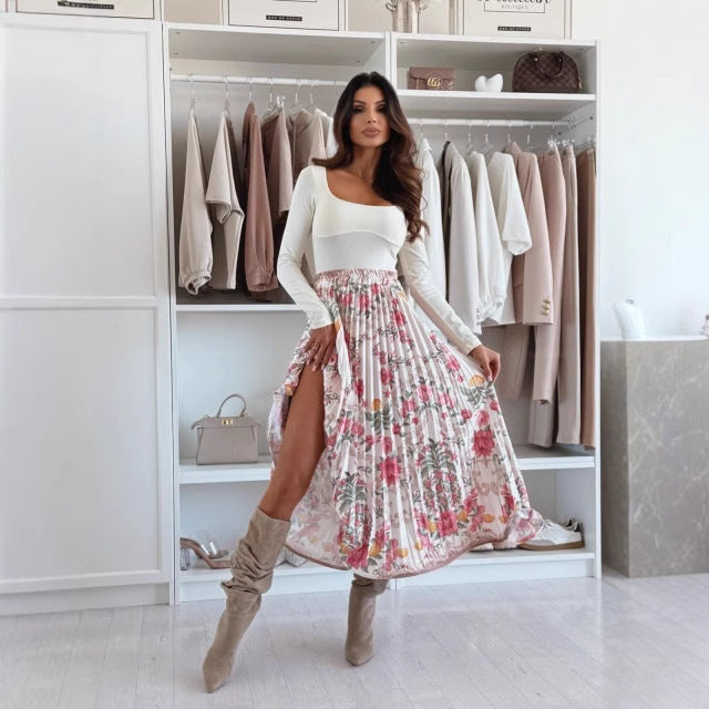 Midinederdel til kvinder – Høj talje – Plisseret og svaj – Slids i siden – Fedt print