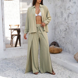 Damesæt – Langærmet skjorte med løs pasform – Højtaljede bukser med vide ben