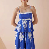 Damesæt i to dele – Bomuldsblanding – Peplumtop med tynde stropper – Bukser med vide ben