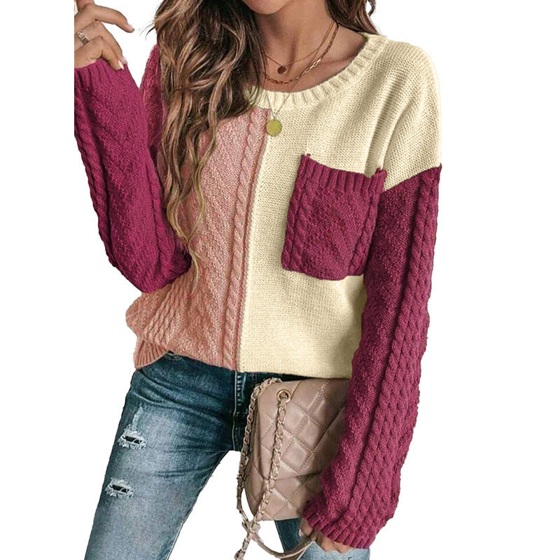 Damesweatshirt – Afslappet pasform – Kabelstrik – Nedsænkede skuldre – Påsyet lomme