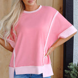 Kortærmet dametop – Løs pasform – Bomuldsstof – Farveblokdesign – Sideslids