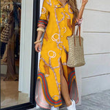 Lang damekjole med print, knapkrave og lange ærmer