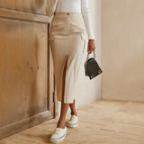 Midi-nederdel til kvinder – Høj talje – Tætsiddende snit – Struktureret stof – Cargolommer