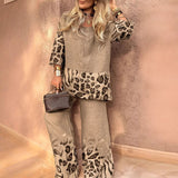 Damesæt – Løs top med 3/4 ærmer og bukser med høj talje og vide ben – Åndbart hør – Dyreprint