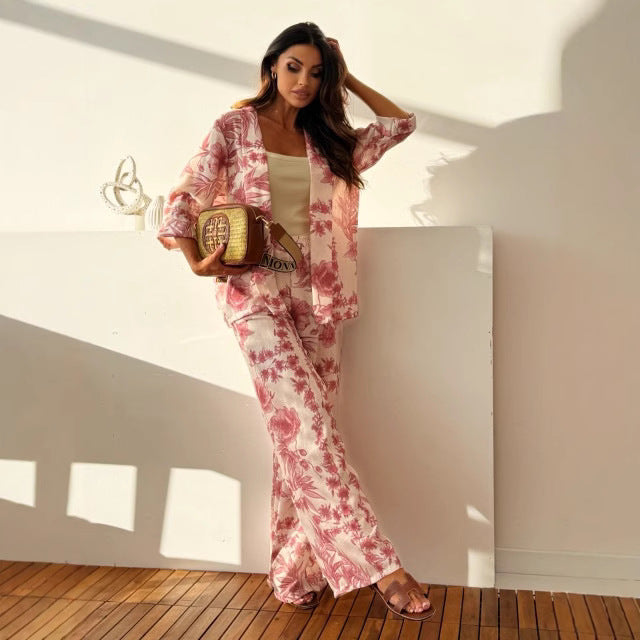 Damesæt – Casual kimono med blomsterprint – Højtaljede bukser med vide ben