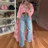 Lang damekjole – Transparent blomstret voile – Elegant, flagrende snit – Vide ærmer