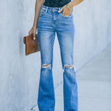 Dame bootcut jeans – Høj talje – Slitage-look – Svajer i benene – Fuld længde