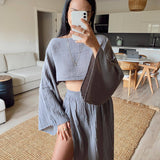 Dame cropped top – Løs pasform – Let hør – Bådhals – Løse 3/4 ærmer