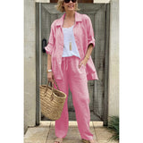 Damesæt med skjorte og bukser – Åndbart hør – Afslappet pasform – Elastik i taljen