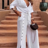 Damebuksedragt – Hør og bomuld – Vide ben – Justerbar talje – Sideknapper