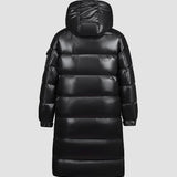 Lang damefrakke – Quiltet dun – Hætte – Vandafvisende blank finish