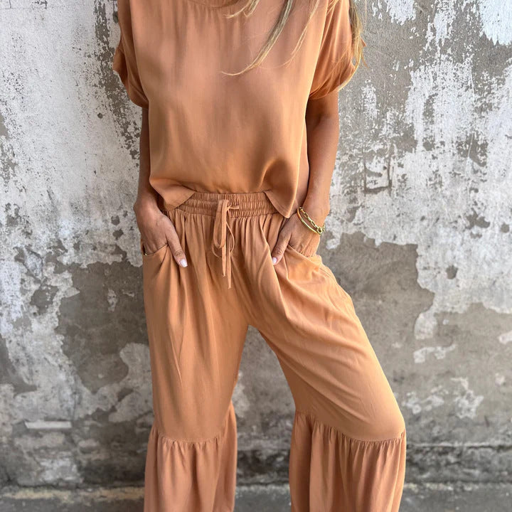 Damesæt i to dele – Hør bomuld – Løstsiddende – Bukser med vide ben – Korte ærmer