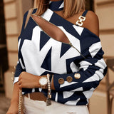 Dametop – Slim fit – Asymmetrisk halterneck – Geometrisk print – Kædedetalje