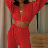 Sæt med langærmet crop top og bukser til kvinder – ribbet – afslappet pasform