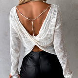 Dametop med lange ærmer - Åben strik - Afslappet pasform - Åben ryg med perler