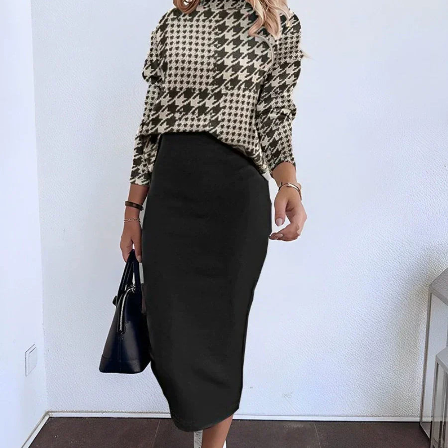 Damesæt i to dele – Stretchstrik – Langærmet top – Tætsiddende midi-nederdel