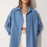 Oversized damebluse – Blød bomuld – Lange ærmer – Button-down – Klassisk krave