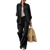 Damesæt med skjorte og bukse – blød bomuld – vide ben – lange ærmer, skjortekrave