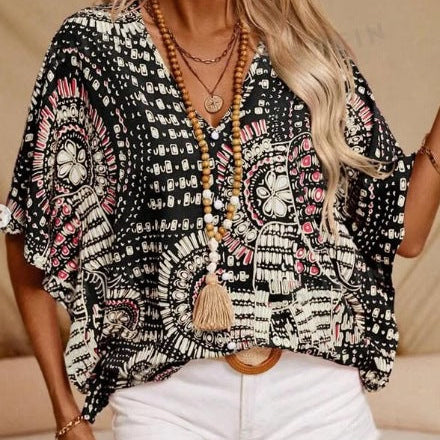 Dametop med V-hals – Løs pasform – Flagermusærmer – Let, trykt stof