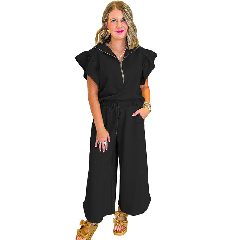 Dametøj med afslappet look – Top med lynlås og flæsekrave – Bukser med vide ben og snøretræk