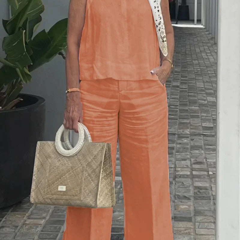 Ærmeløs damesæt – Bomuld og hør – Afslappet pasform – Bukser med vide ben og lommer