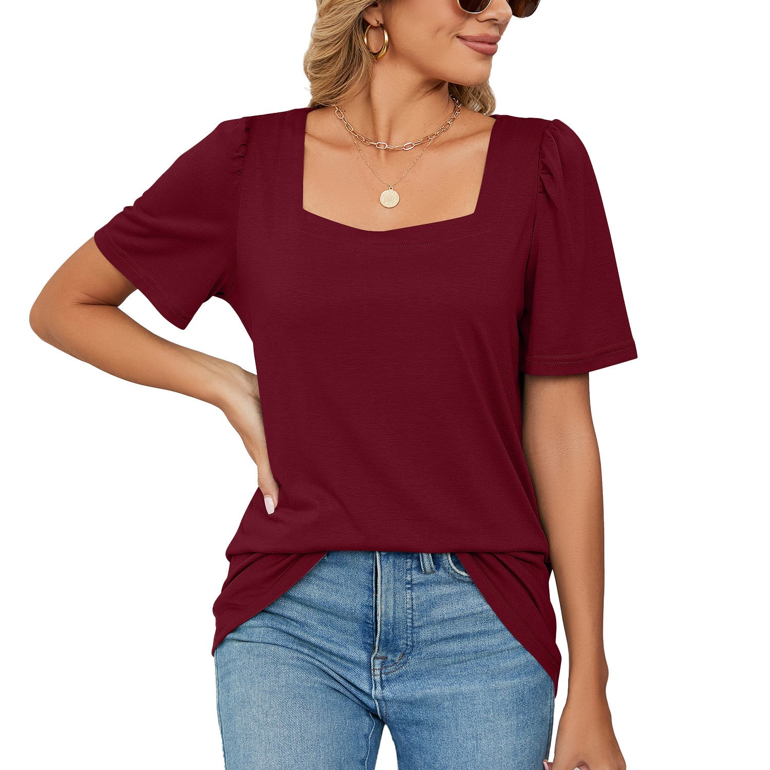 Dame T-shirt – Elegant firkantet halsudskæring – Pufærmer – Blød strik, løs pasform