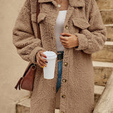 Lang damefrakke – Oversized pasform – Blød imiteret uld – Klassisk knaplukning