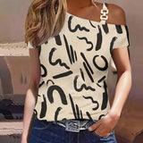 Kortærmet dametop – Afslappet pasform – Off-shoulder – Geometrisk mønster – Bomuld