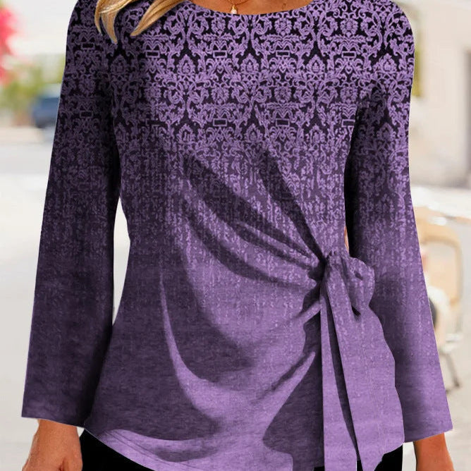 Langærmet dame-T-shirt – Afslappet pasform – Bindedetaljer i siden – Blødt, åndbart stof