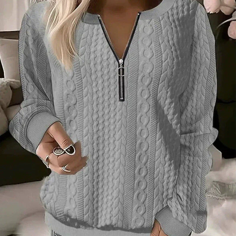 Damesweatshirt - Tekstureret strik - Afslappet pasform - Lynlåsudskæring - Lange ærmer