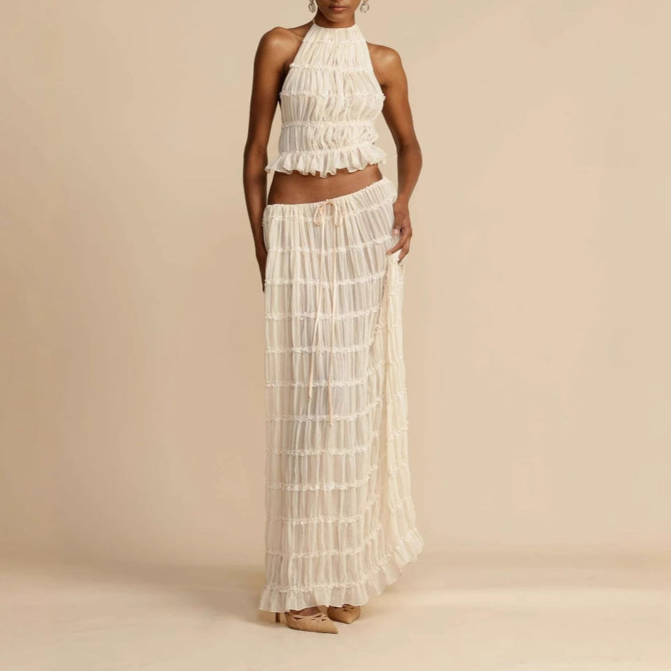 Damesæt i to dele – ruchet halterneck-top – lang nederdel med elastik i taljen – åndbart stof