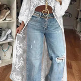 Lang damekjole – Transparent blomstret voile – Elegant, flagrende snit – Vide ærmer