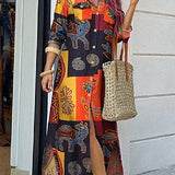 Lang damekjole med print, knapkrave og lange ærmer